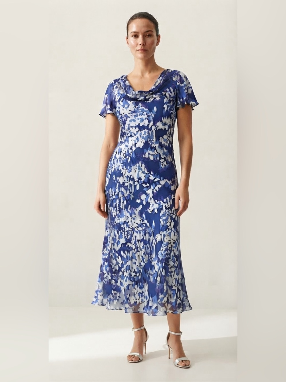 NWT Jacques Vert Blue Silk Devore Floral Cowl Neck Midi Occasion Dress Size 16